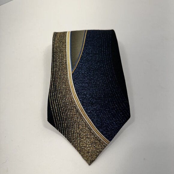 Roger Stuart Mens Necktie Couture Hand Made Silk Tie Navy Gold Geometric - Picture 2 of 4